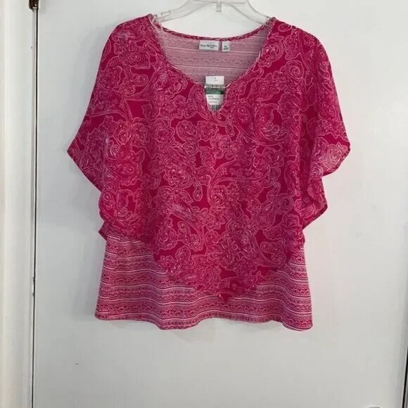NWT Kim Rogers Hot Pink & White Petite Large poncho top. - Picture 1 of 4
